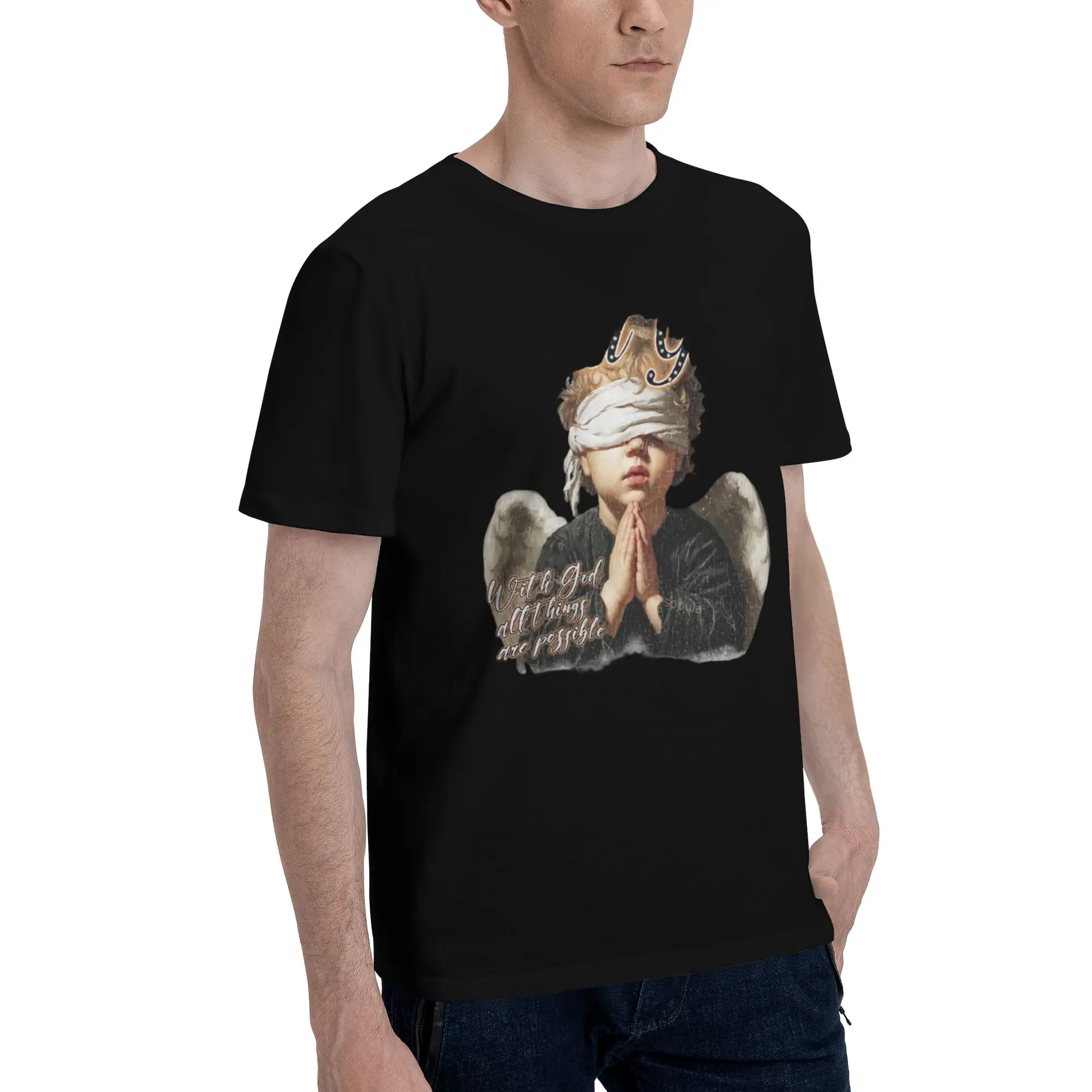With God All Things Are Possible Praying Men's T Shirt  Humor Tees Short Sleeve Round Neck 100% Cotton Printed Clothing T-Shirt