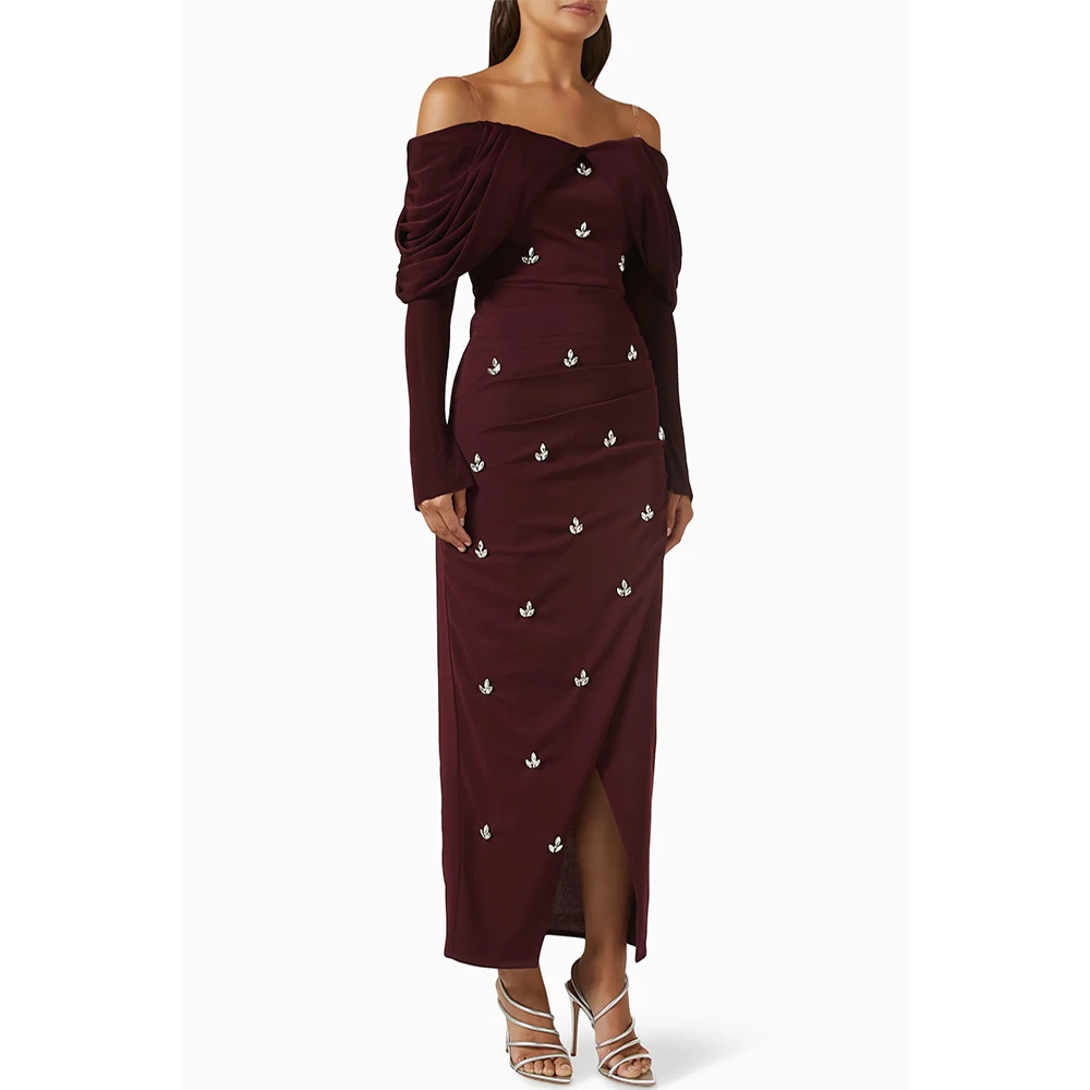 فستان سهرة عربي سعودي مخصص بدون أكتاف وأكمام طويلة مطوي كريستال شق غمد فستان حفلة كوكتيل فساتين حفلة موسيقية