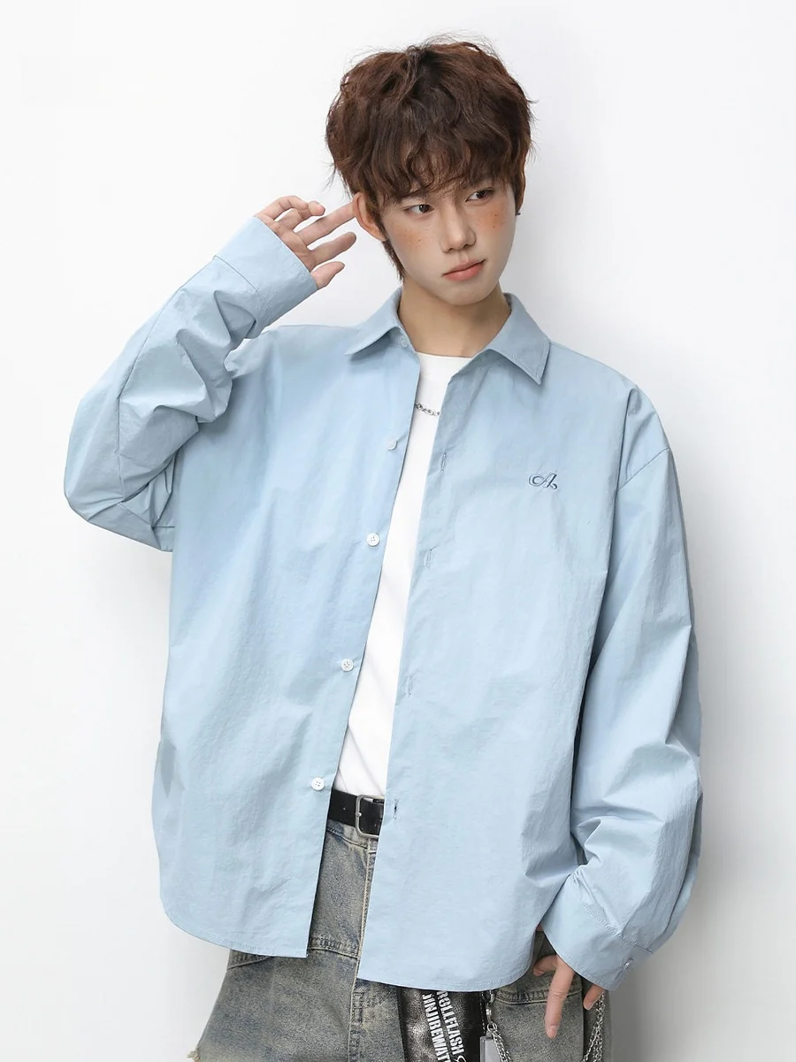 

Синяя мужская рубашка с длинным рукавом и вышивкой в стиле колледж, утепленная, для многослойных образов, осенне-зимняя, повседневная, универсальная, модная верхняя одежда