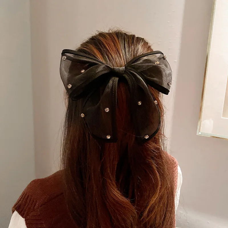 Kiss Jewelry Women Korean Fashion Oversize Black Mesh Bow Ribbon Hairpin Rhinestones Elegant Hair Clip Barrette Accessories 2023