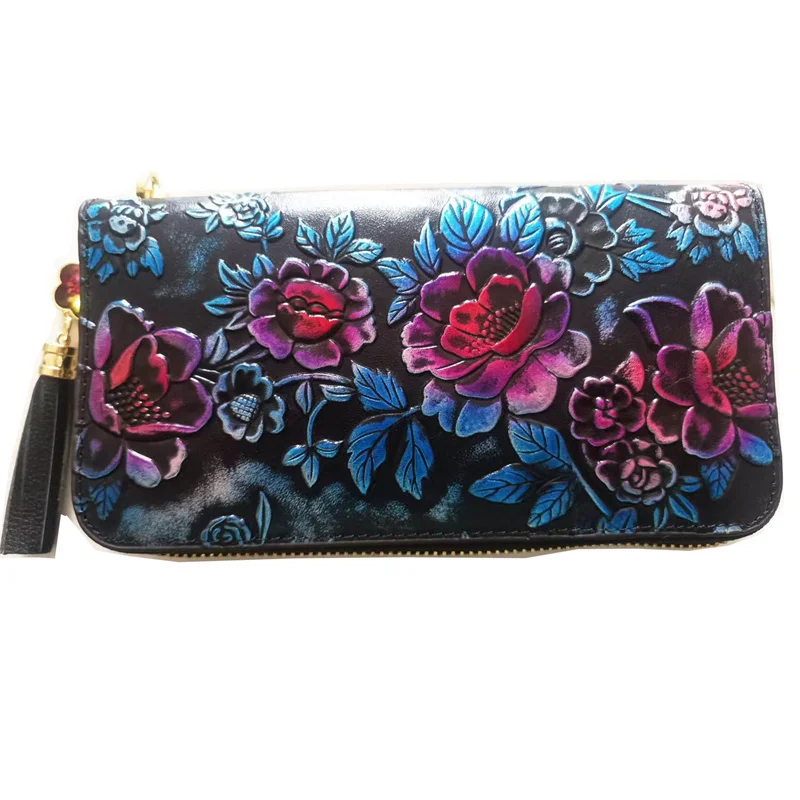 

Красочная сумка-кошелек из натуральной кожи с цветочным принтом, новинка 2025 года, женский кошелек из натуральной коровьей кожи с 3D цветком, большой держатель для карт, женский клатч