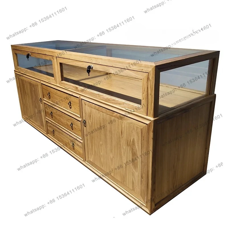 Old Elm Jewelry Display Cabinet Jewelry Container Retro Display Cabinet Glass Zhongdao Counter