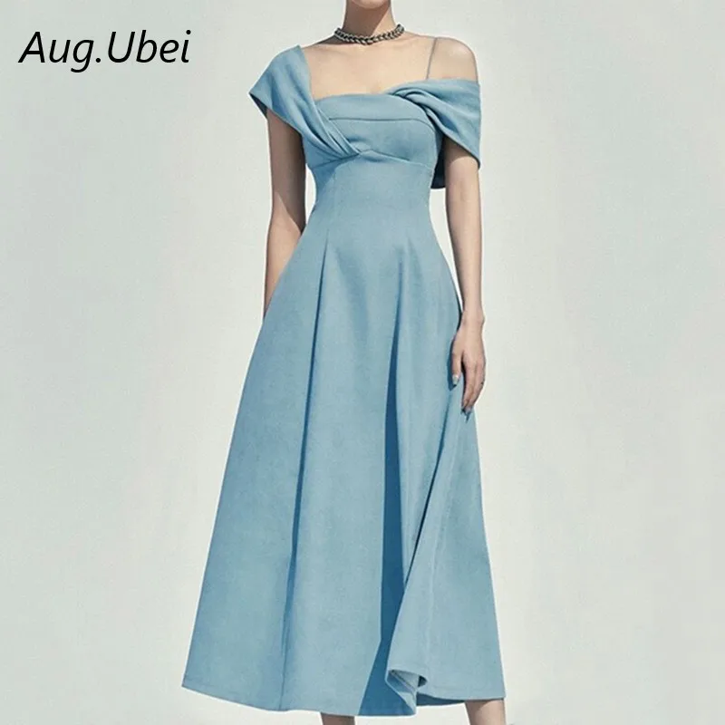 

Ubei Women Elegant Slim irregular strap Party Dress Blue/Red oblique shoulder Long Formal Dress