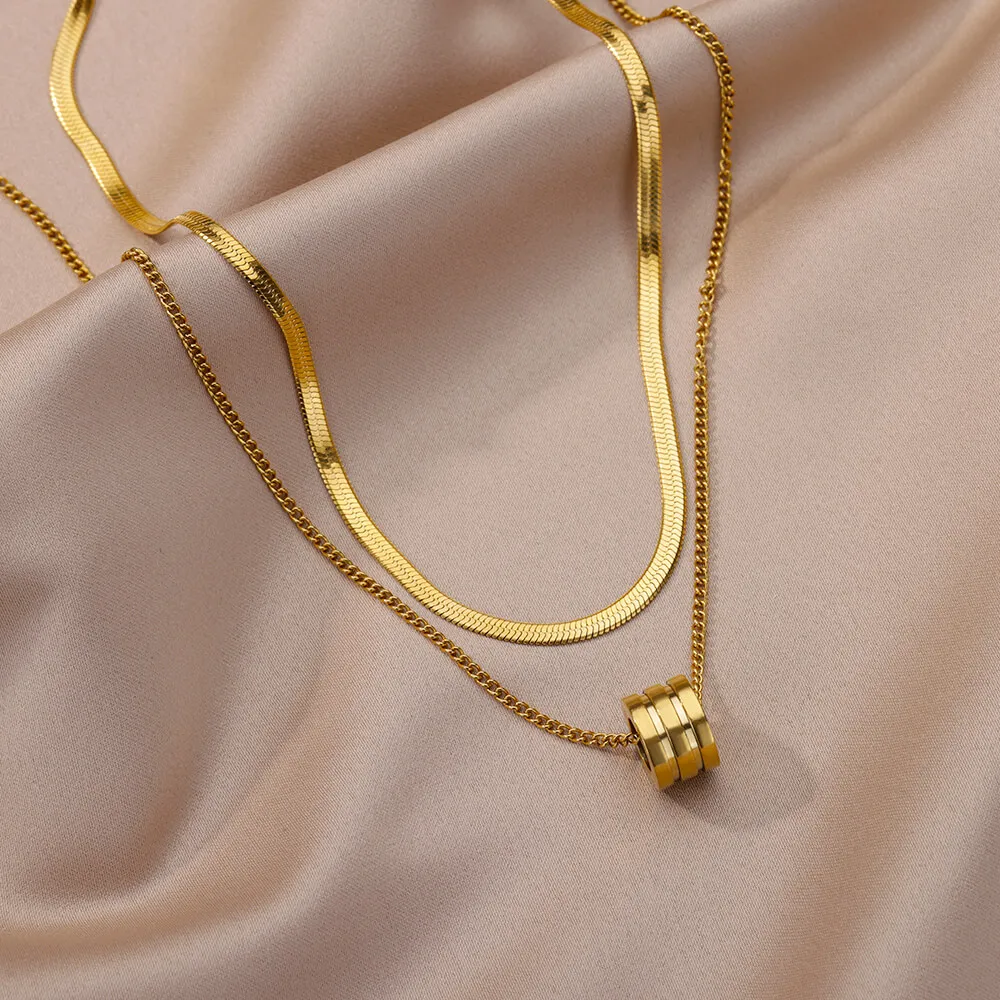 Stainless Steel Double Layer Thick Round Pendant Necklace For Woman  Fashion Sweater Chain Christmas Jewelry Gift Dropshipping
