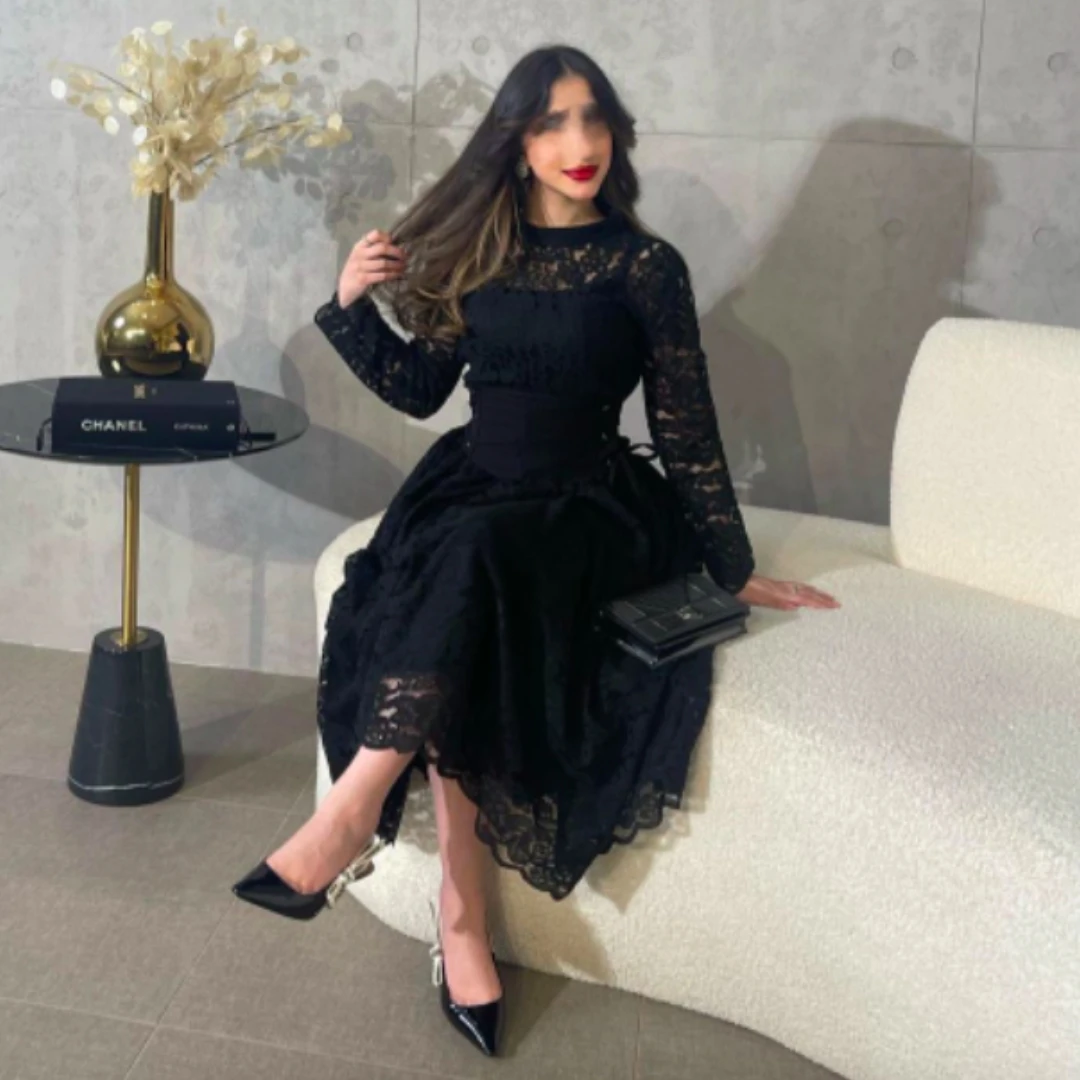 

Lovestory Black Lace Prom Dresses Long Sleeves Saudi Arabia Women Wear Wedding Party A Line Homecoming Graduation Evening Gowns