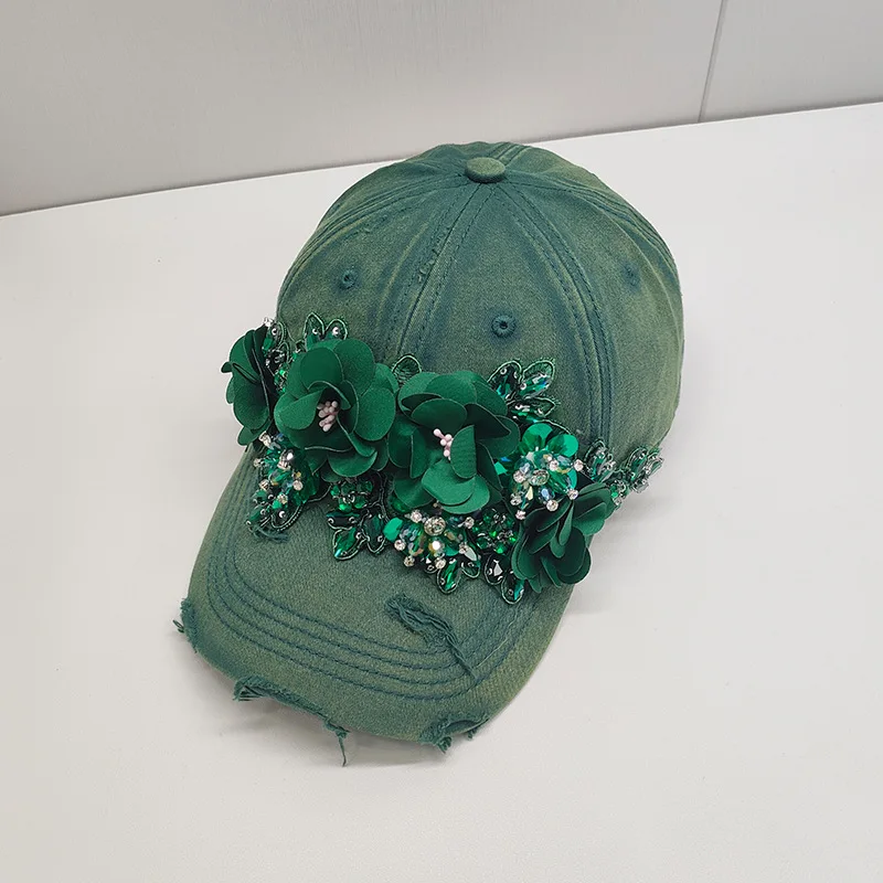 Luxury Rhinestone Flower Bouquet Baseball Caps for Women Cotton Hole Sunscreen Snapback Cap Versatile Girl's Streetwear Cap