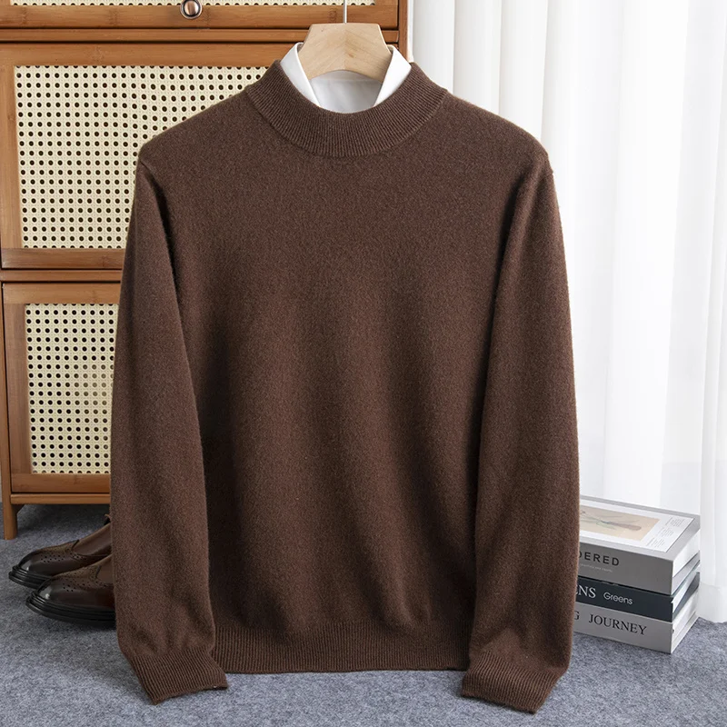 Autumn and winter 100% pure wool men\'s padded half-height slim bottoming pullover long-sleeved knitted cashmere sweater