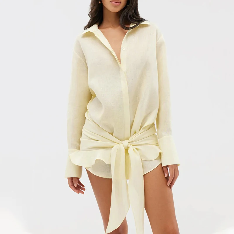 TARUXY Lace Up Shirt Jurk vrouwen Zomer Nieuwe Vakantie Lui Effen Revers Bodycon Onregelmatige Shirt Jurk Vrouwelijke Reizen Strand jurk