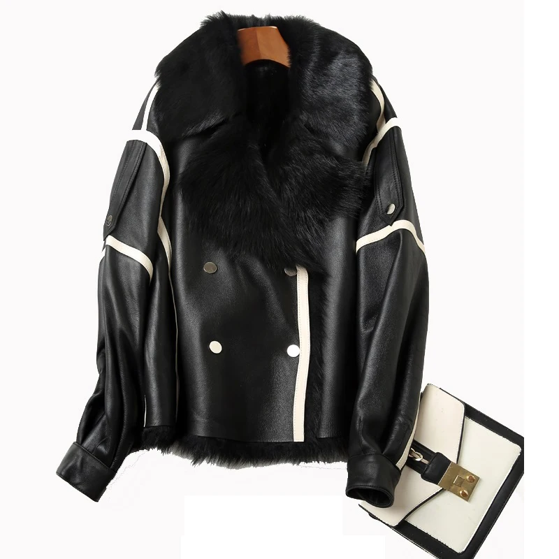 2024 new fashion Tuscan wool black lapel shearling genuine leather locomotive women jacket with pocket real leather jacket