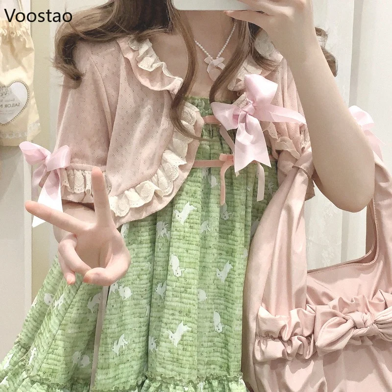 Japanese Kawaii Lolita Cardigan Crop Tops Girls Cute Bow Soft Ruffles Hollow Out Outerwear Women Sweet Chic Knitted Short Coats