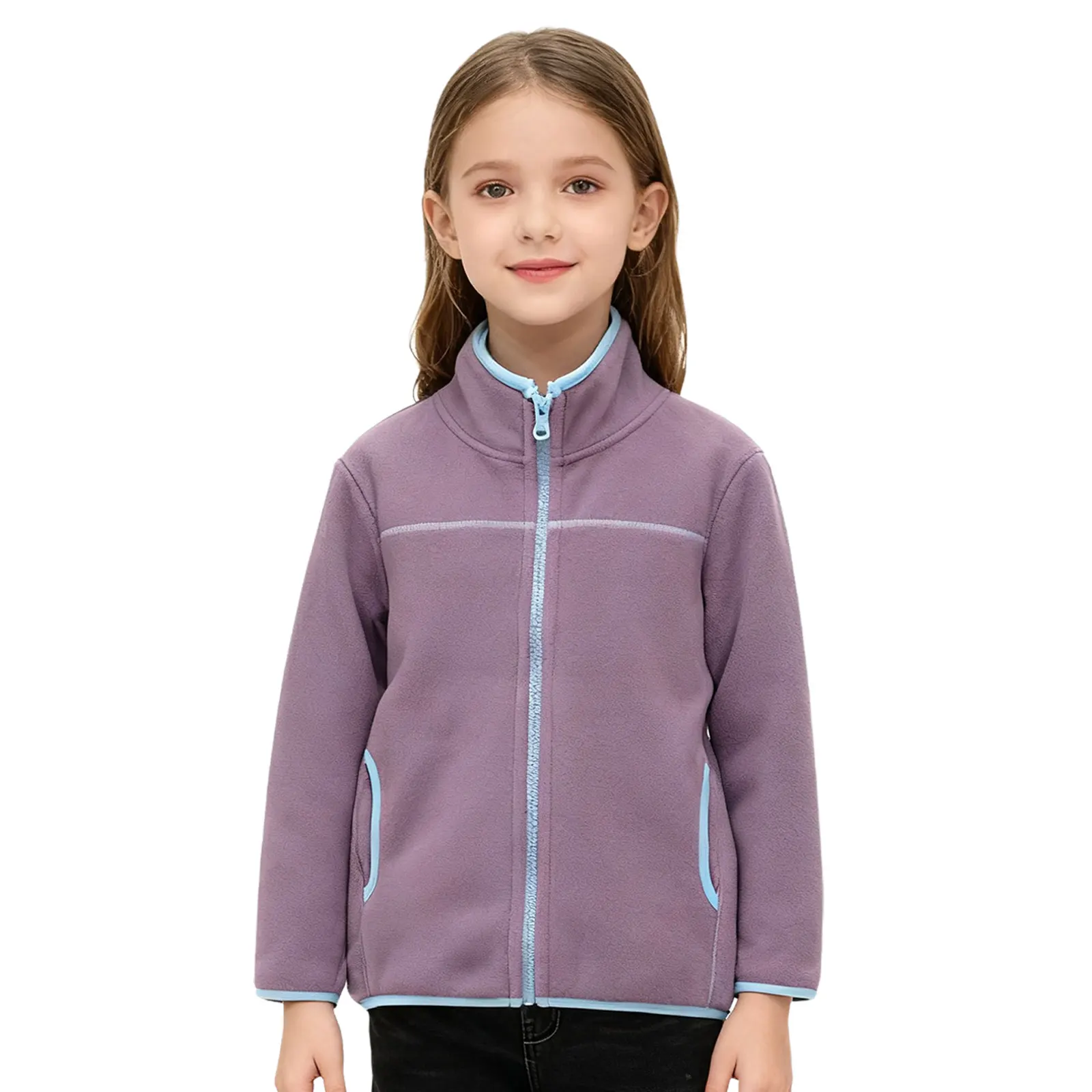 Kids Boys Girls Contrast Color Trim Fleece Jacket Stand Collar Zip-up Coat Warm Outerwear for Outdoor Sports Casual Daily Wear