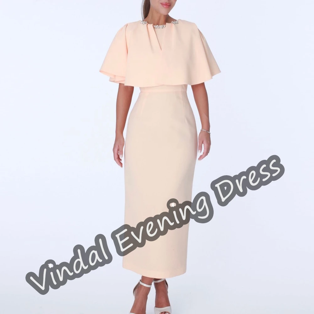 Vestido de noite feminino com decote colher, sutiã embutido elegante, comprimento do tornozelo, crepe da Arábia Saudita, mangas curtas, vestido vintage de sereia, 2024