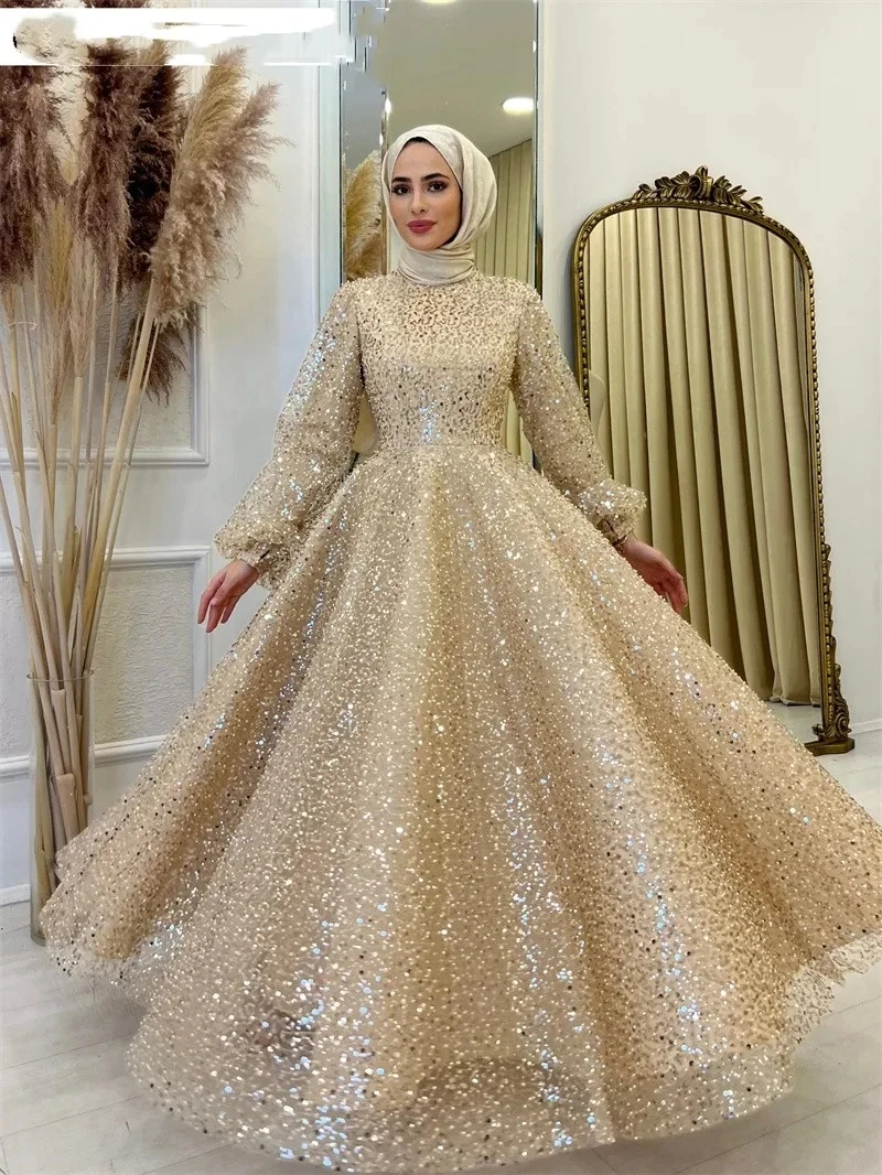 Champagne Muslim Prom Dresses Sequins Long Sleeves Islamic Formal Party Gown High Neck Arabic Dubai فساتين سهره سعوديه Plus Size