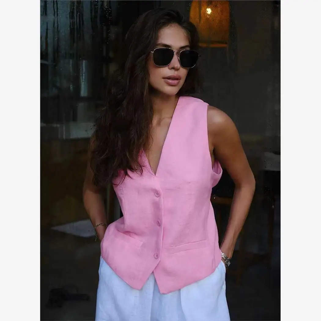 

Summer Leisure Single-Breasted Vest Top Quali Casual Sle V-Ne Pure Color Versatile Fit for Women's Faion