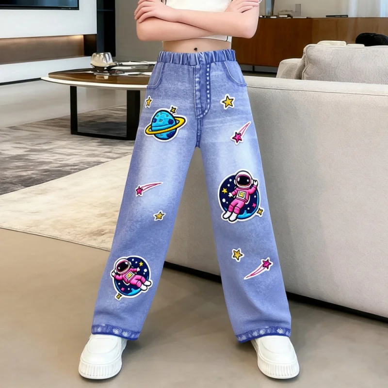 

2025 Girls' Star Wide-leg Imitation Denim Trousers, Spring and Autumn Fashion Elastic Waist Loose Imitation Jeans
