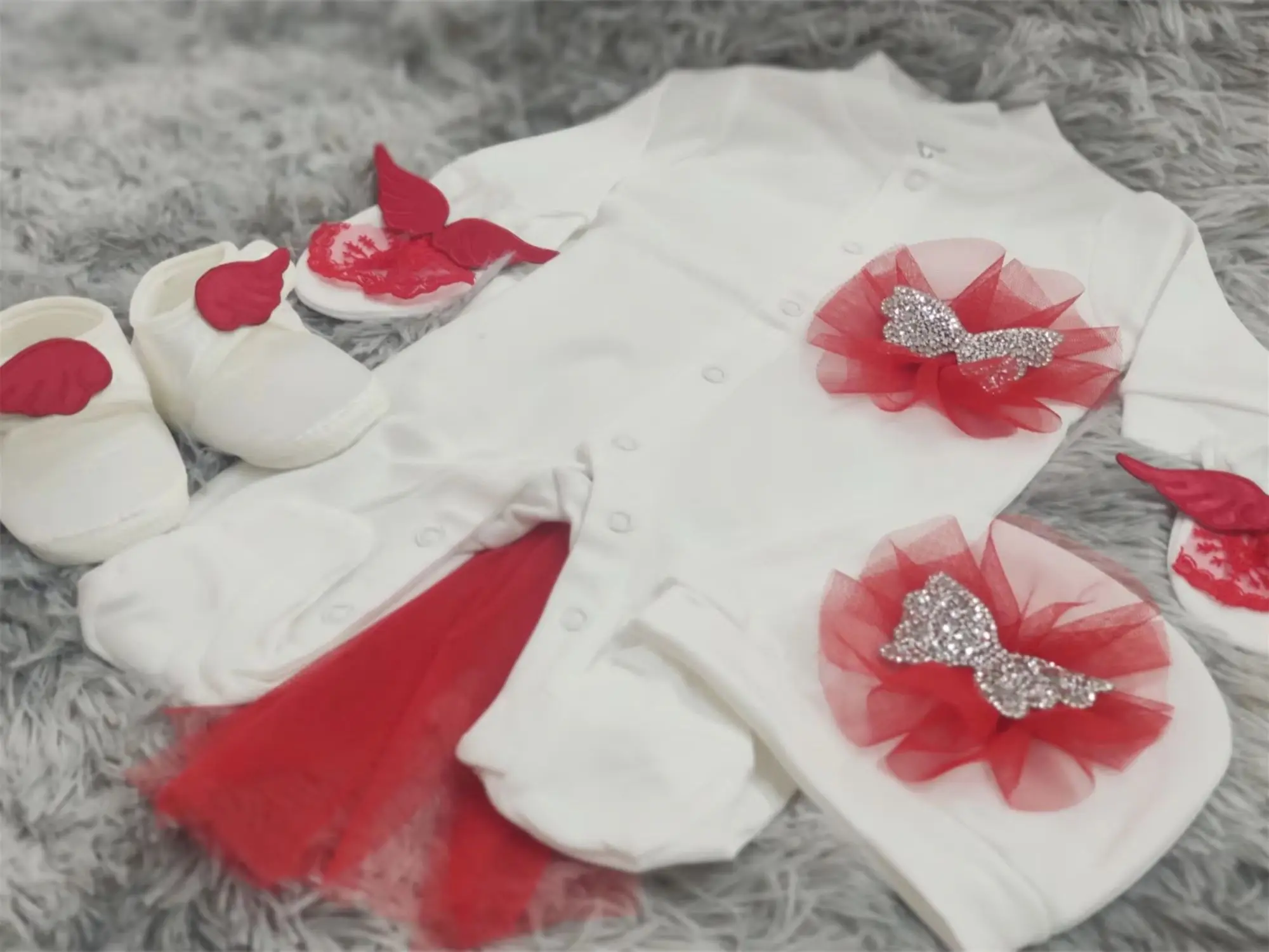 Sweet Baby Girl White Footed Jumpsuit With Red Tulle Rhinestone Butterfly And Wing Shoes Newborn Coming Home Outfit