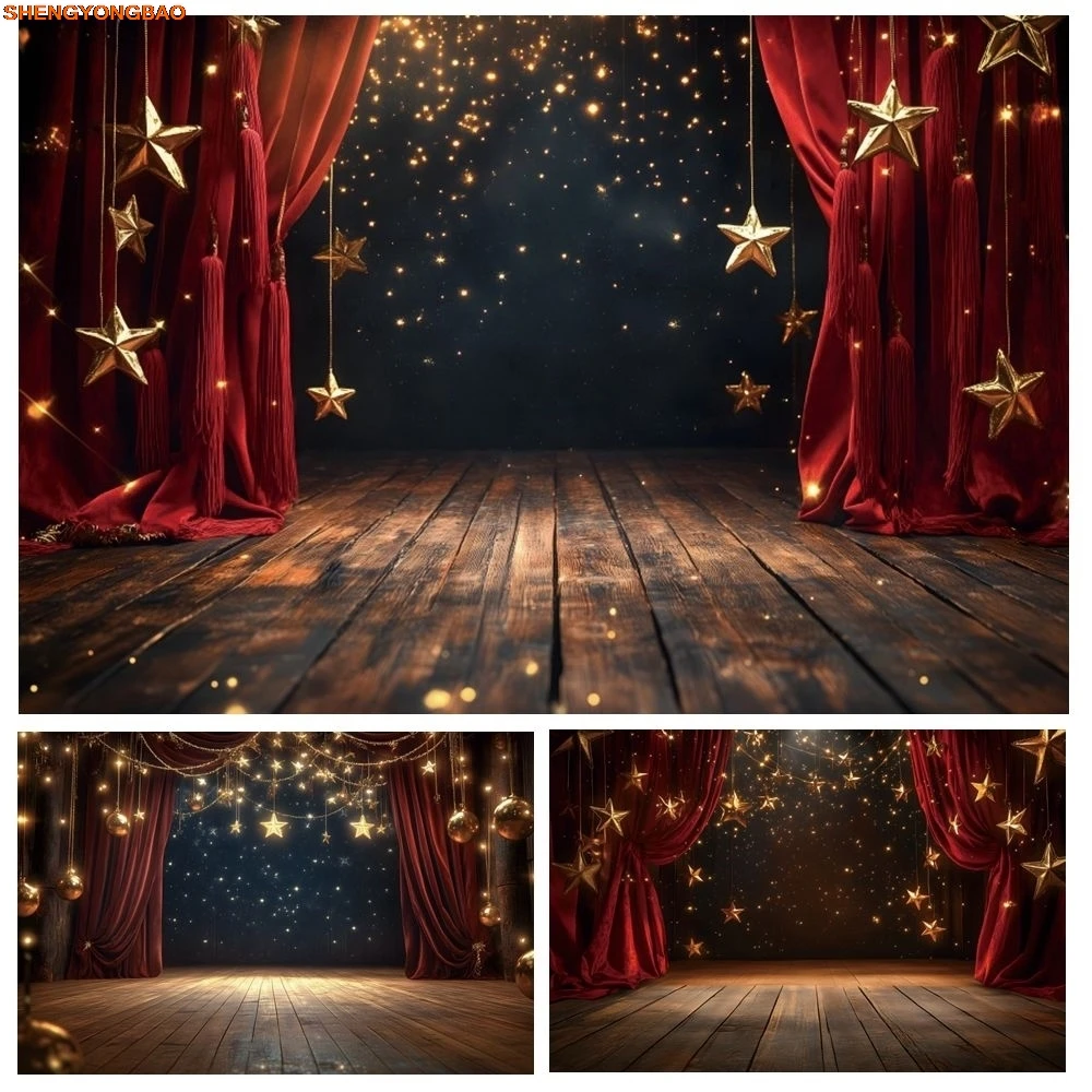 

Red Curtain Stage Backdrop Golden Shiny Stars Wood Floor Baby Kids Portrait Birthday Party Event Photography Background Studio