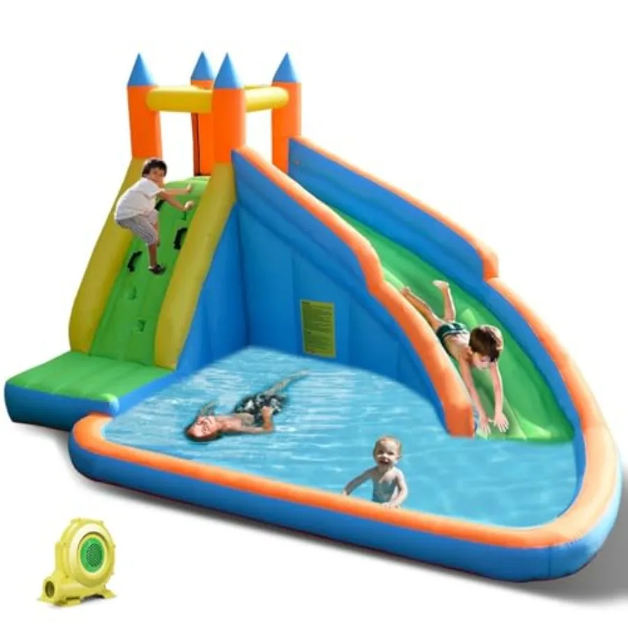 

Backyard outdoor inflatable water slide for kids: PVC material, blue and yellow, includes climbing wall, splash pool, 950W blow