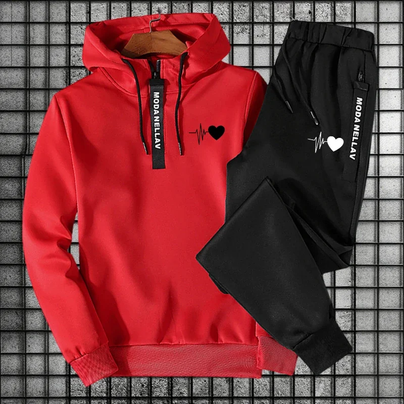 Men Women Set/Hoodie/Pants Heart Print Fashion Tracksuit Half-Zip Hoodie Sweatpants Fall Winter Daily Casual Sports Jogging Suit