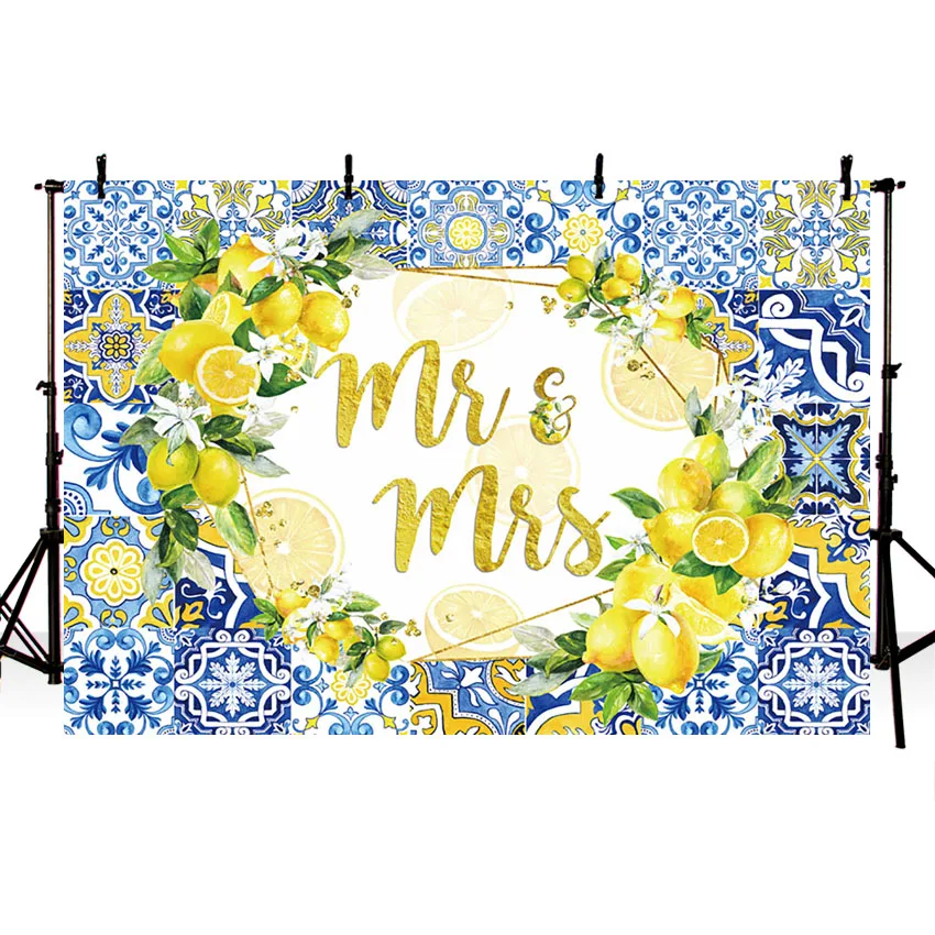 Mehofond Fotografia Pano De Fundo, Estampa Floral, Limão, Senhor E Senhora, Azulejo Azul, Chuveiro Nupcial, Decoração Da Festa De Casamento, Pano De Fundo, Estúdio De Foto