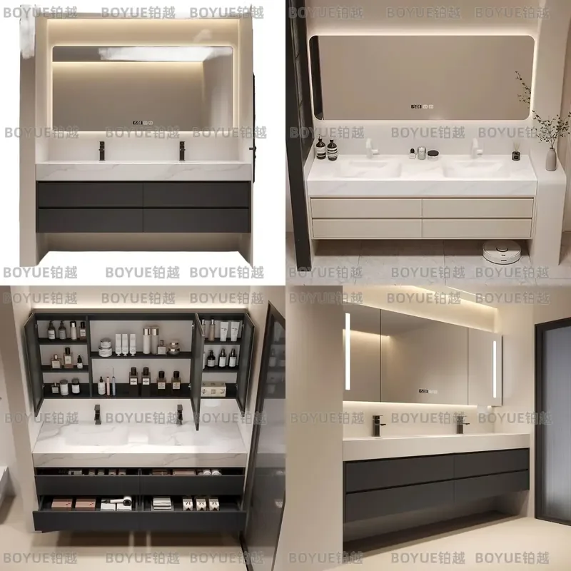 Luxury Rock Slab Seamless Double Basin Smart Bathroom Vanity Cabinet with Mirror Washstand Modern Washbasin Combo
