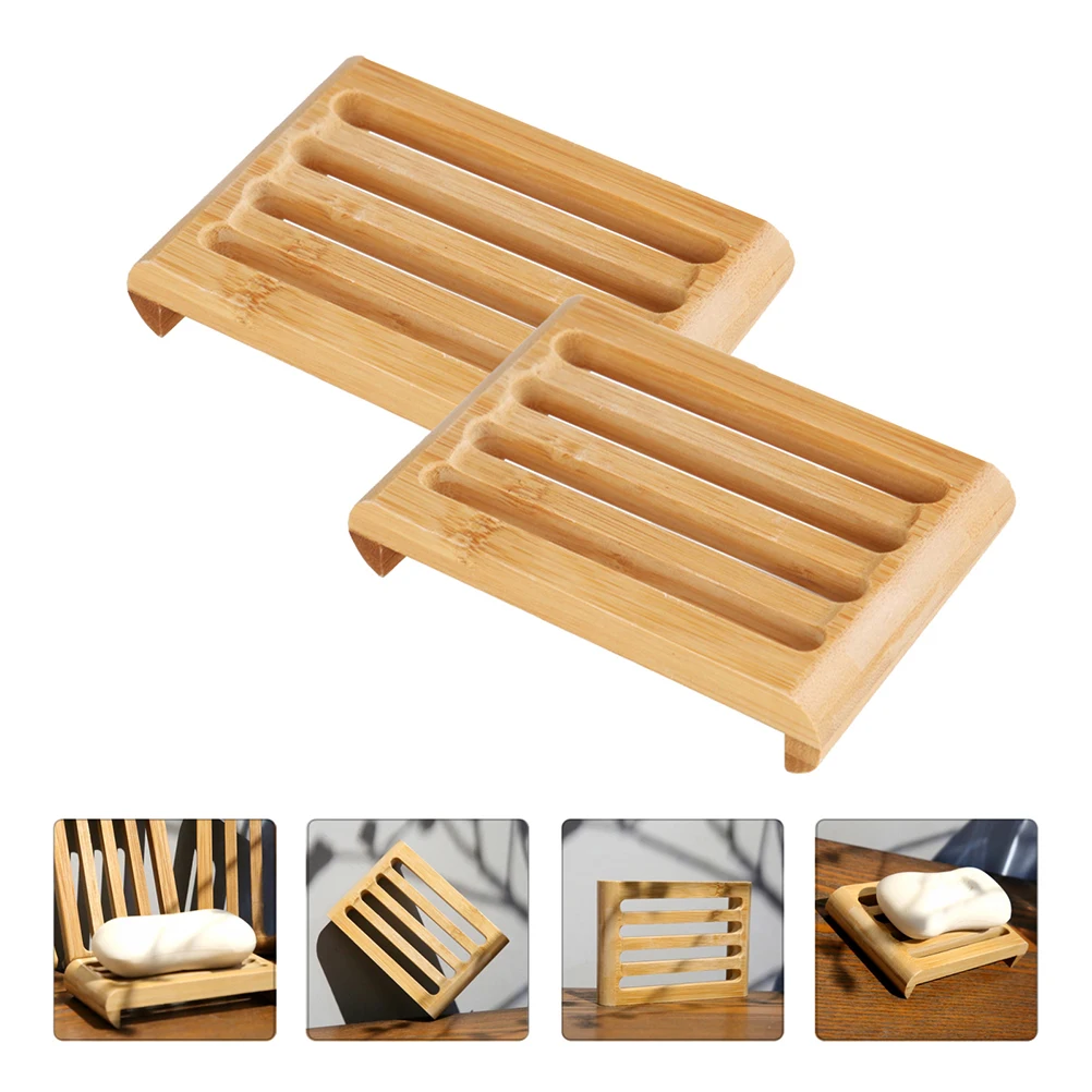 

2pcs Bamboo Soap Dish Draining Holder for Bathroom Kitchen 11 5x8x2 2cm Portable Box soap tray saver