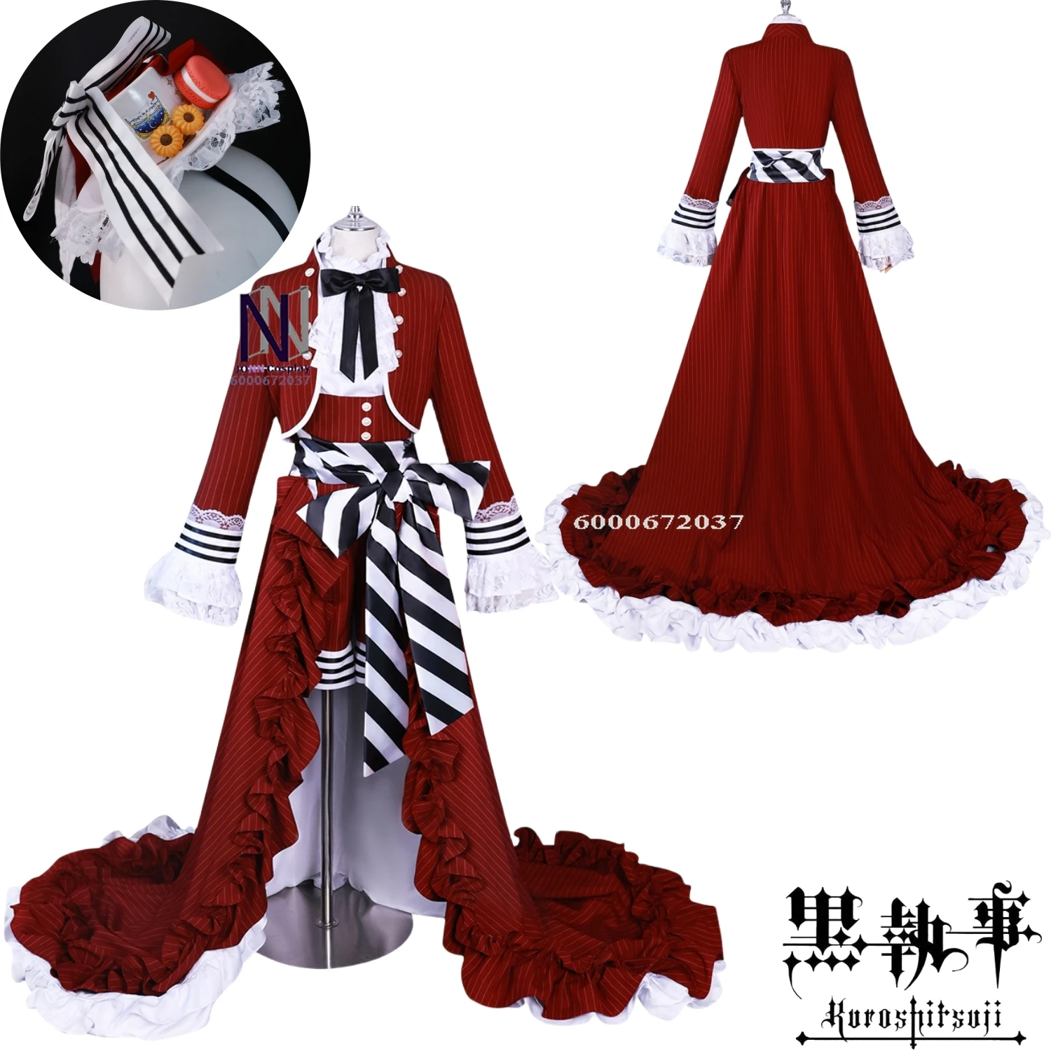 

Anime Ciel Black Tea Cup Cosplay Costume Butler Victorian-style Gown Red Gothic Lolita Long Dress Set Wig Halloween Party Outfit