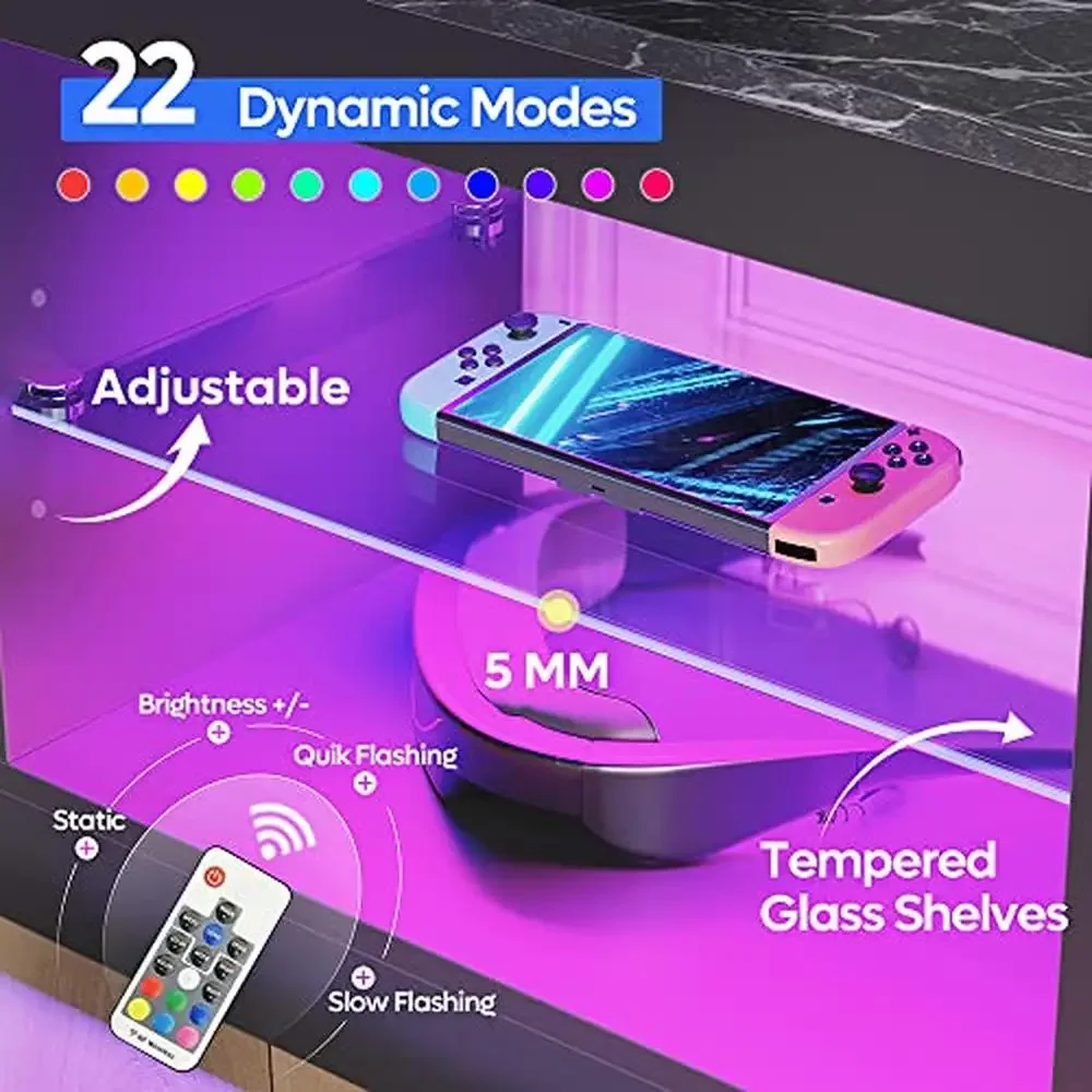 LED Entertainment Center TV Stand Adjustable Glass Shelves Gaming Console Storage