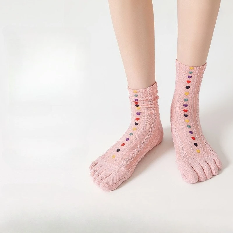 5 Pairs Finger Socks Women Girl Cotton 3D Jacquard Vintage Cute Colorful Soft Elastic Sweat-Absorbing Toe Socks 4 Seasons