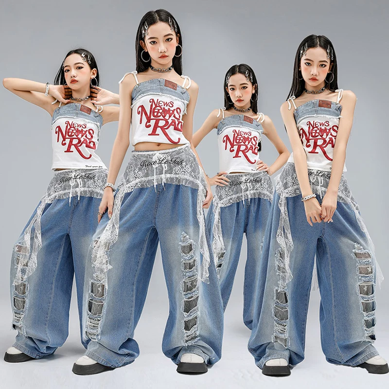 

Летняя одежда для джазовых танцев для девочек K-Pop, наряд для выступлений, джинсовые брюки, модный костюм для подиума, одежда для уличных танцев, сценическая одежда 1983