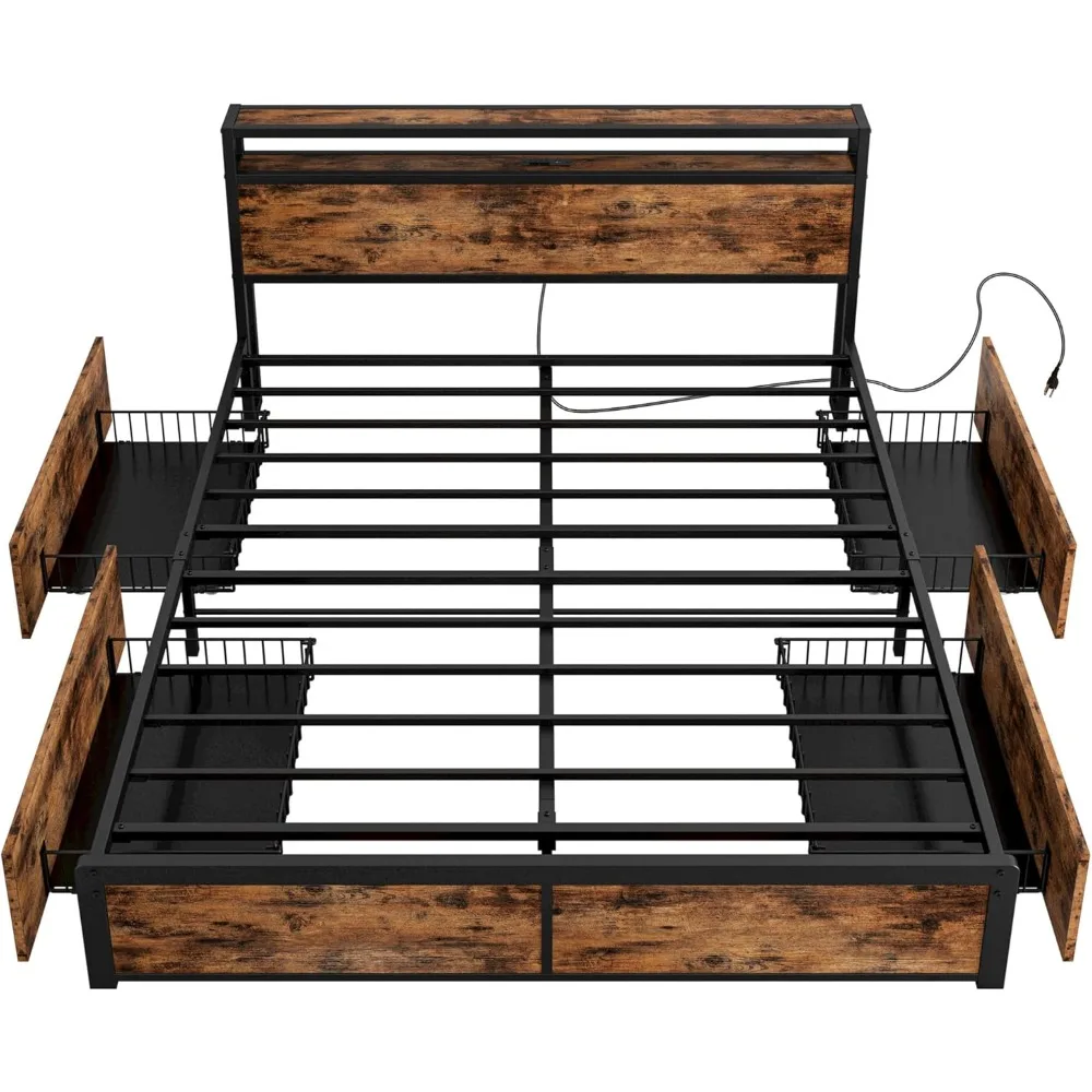 Bed Frame with Storage Drawer, 2-Tier Storage Headboard with Charging Station, No Box Spring Needed, Easy Assembly