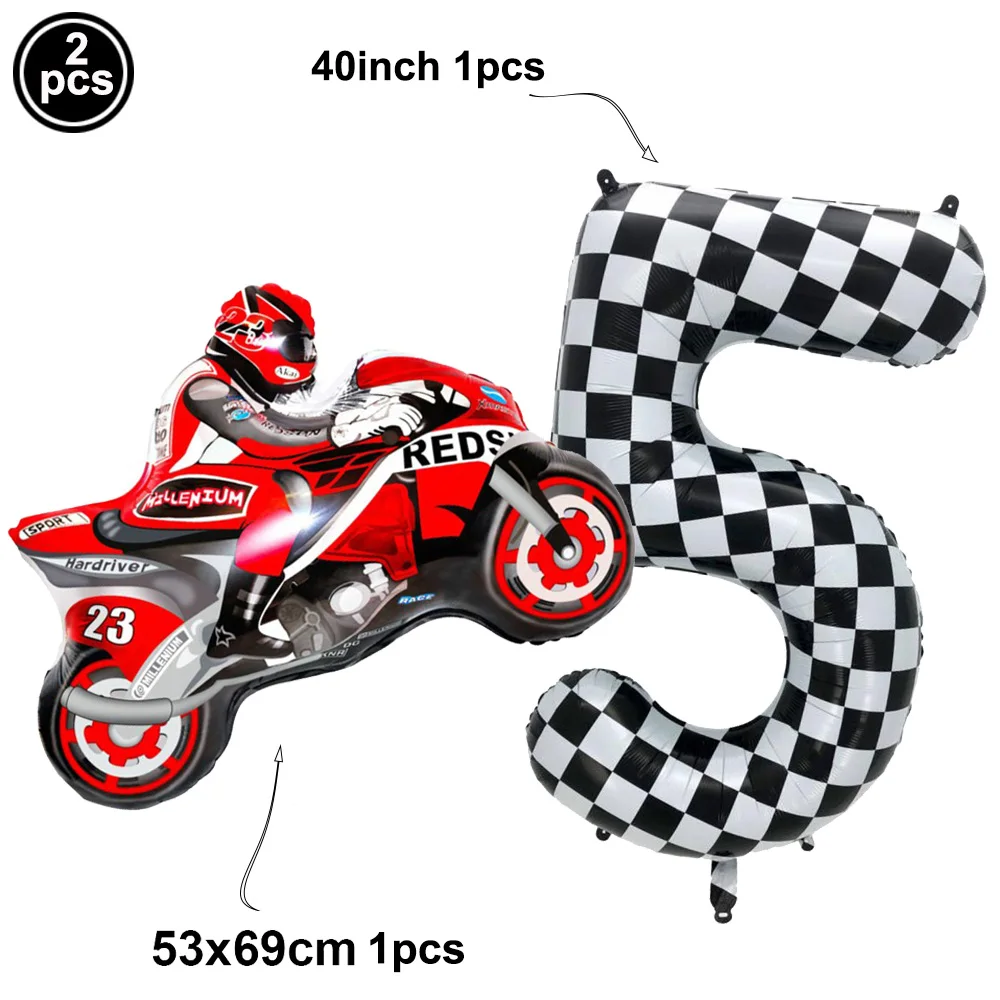 2Pcs Motorcycle Balloon Dirt Bike Foil Balloon Black and White Checkered Number Ballons Motorbike Birthday Racing Party Supplies