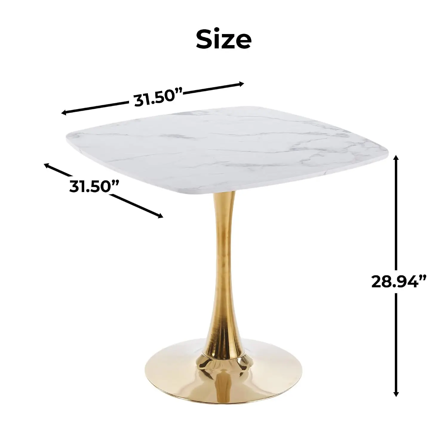 The MDF top has a white marble-look finish, while the gold metal tulip base suits apartments, cafes, and breakfast nooks