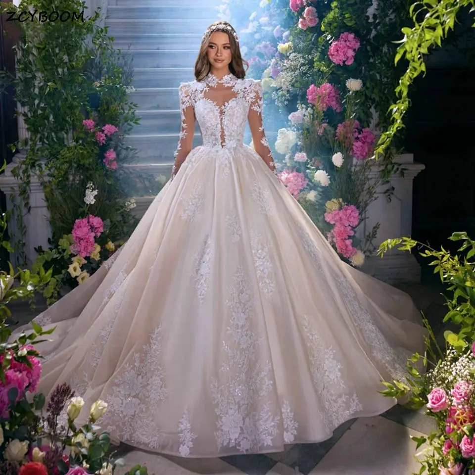 Elegant Champagne High Neck Illusion Long Sleeves Wedding Dresses 2026 Tulle Appliques Bride Gown Chapel Train Vestidos De Novia
