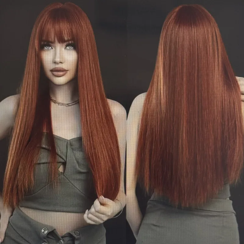 

Европейская и американская женская модная прическа: длинные прямые волосы с челкой, 24 дюйма, красно-коричневые.