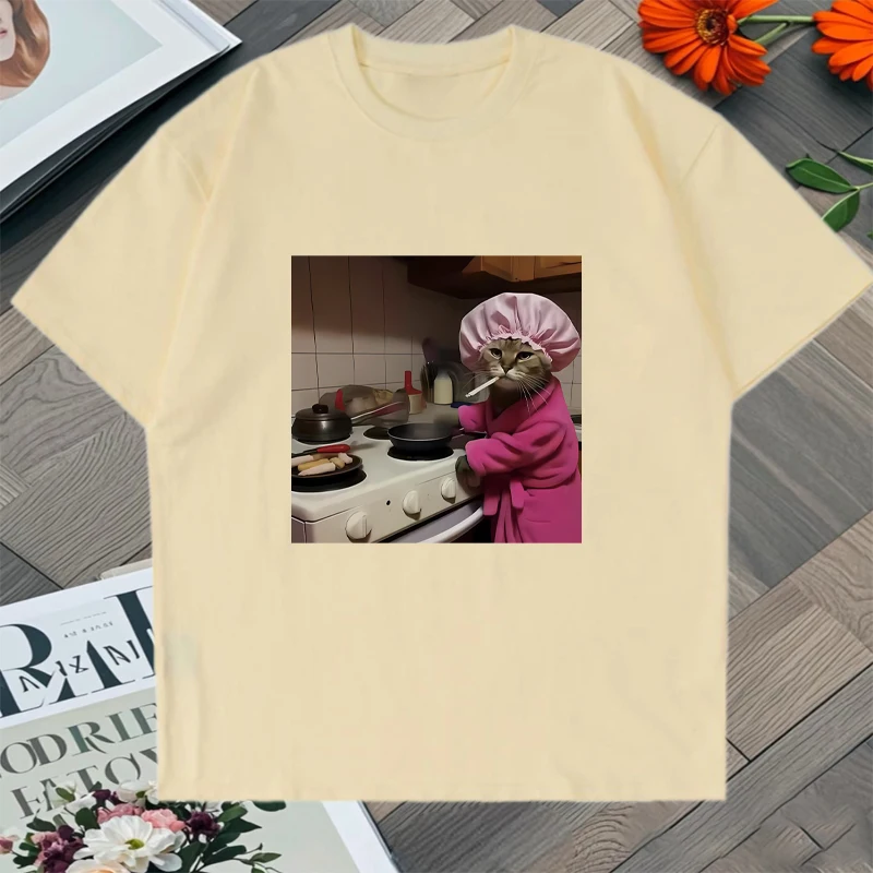 Summer Funny Housewife Cat Meme Graphic Tee shirt 100% Cotton Men Women Vintage Short-sleeved Fashion Harajuku Casual Unisex Top