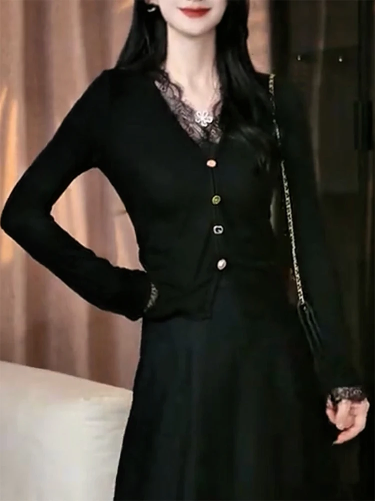 

Design Sensation Lace Splicing Knitted Sweater Autumn Winter New Sle plus Size Ele Slimming Versatile Women's Top