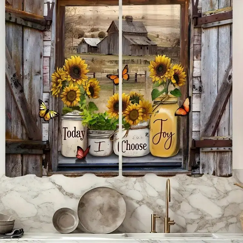 

2pcs - Sunflower Retro country pattern printed curtains, window decorations, home decorations, room decorations