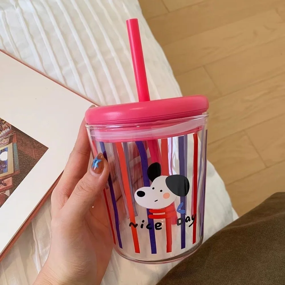 Linda botella de agua de vidrio con forma de cachorro, con tapa y pajita, estilo coreano, para café frío, jugo, té matcha, taza de vidrio única, vaso de vidrio para mujer o niña.