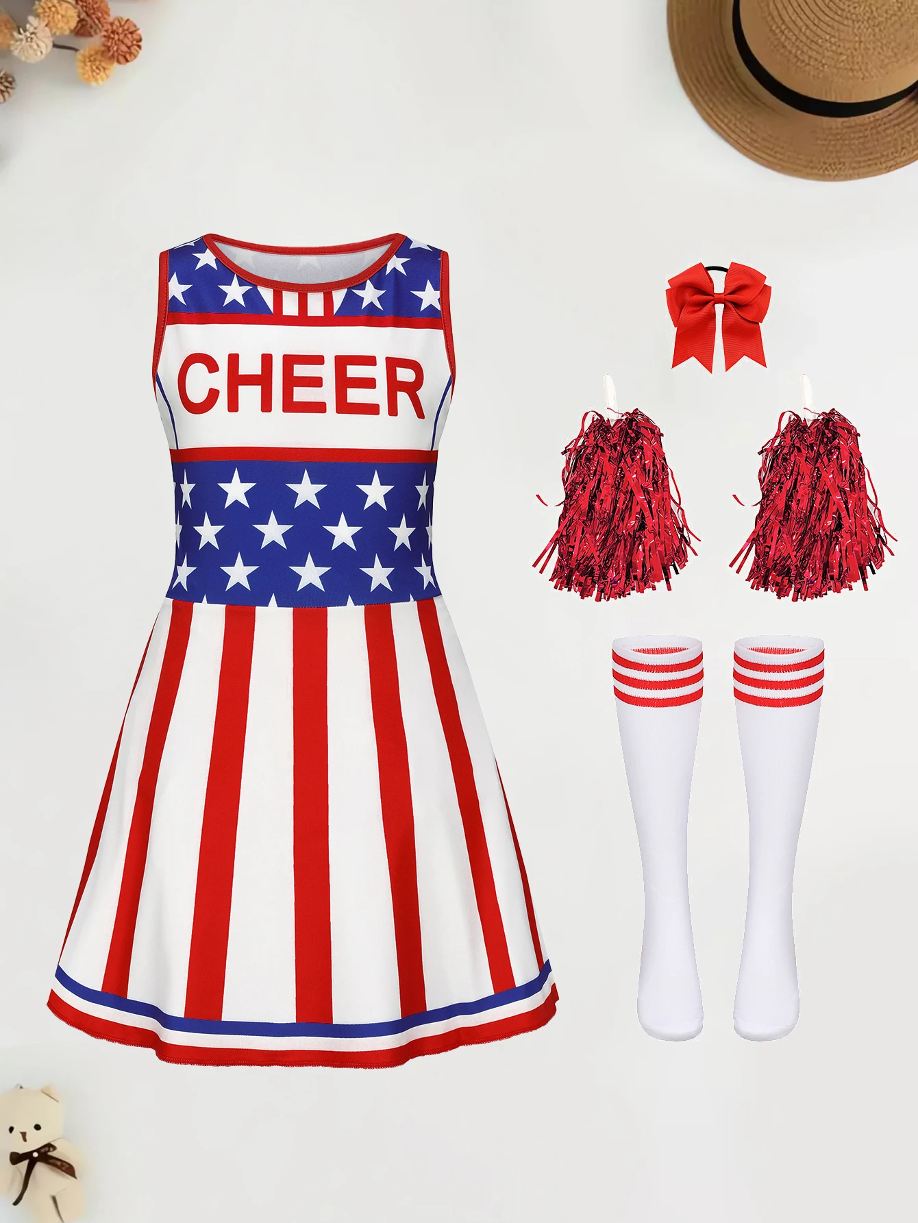 

USA Flag Print Girls Cheerleading Outfit with POM-POM Holiday Fun Casual Children's Clothing Set
