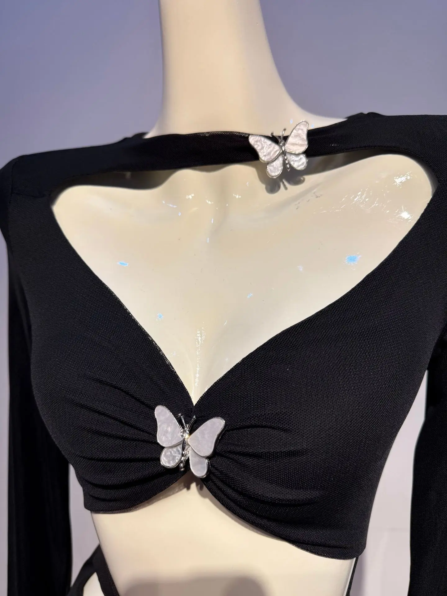 2026 여성 섹시 긴 소매 컷아웃 다이아몬드 나비 블랙 롱 밴디지 드레스 우아한 이브닝 클럽 파티 드레스