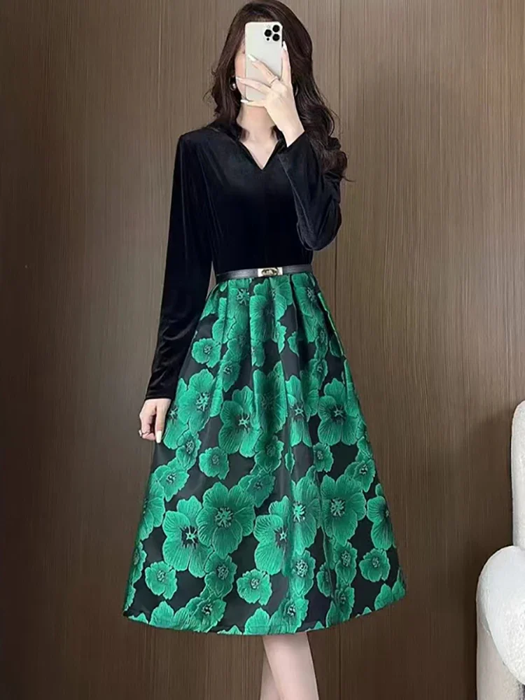 Black Velvet Patchwork Floral Fake Two Piece Dress Women Autumn Winter Dresses for Special Events 2024 Korean Elegant Prom Dress