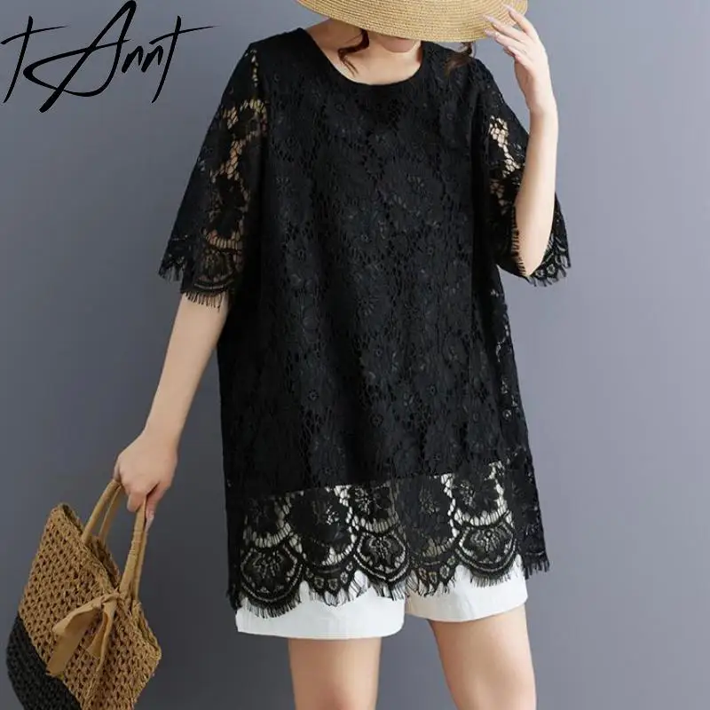 

Tannt Women T Shirt Fashion Hollow Out Sexy Lace Woman Tshirt Tops Vintage Fashion Casual Summer Long Tshirts Tops 2025 New