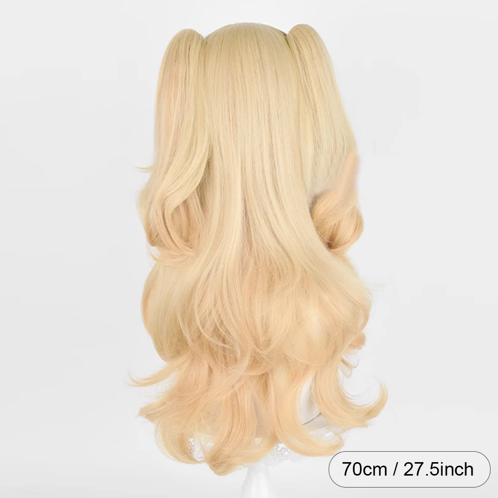 Ombre Blonde Long Double Ponytails Wavy Synthetic Wig with Bangs Anime Game Cosplay Fluffy Heat Resistant Wig for Daily Party