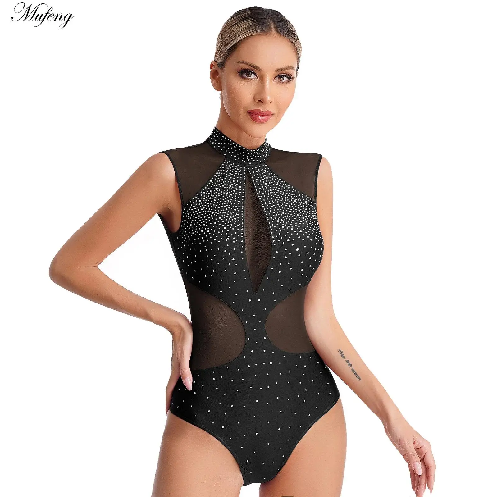 Womens Rhinestones Gymnastics Leotard Mesh Patchwork Sleeveless Cutout Back Bodysuit Ballerina Dance Costume for Figure Skating