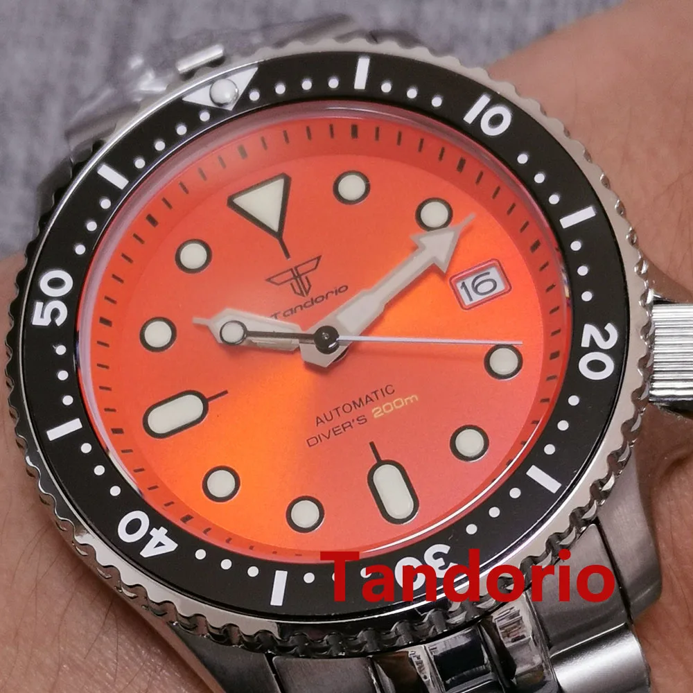 Tandorio 41mm Orange Sunburst Diving Watch NH35A Sapphire