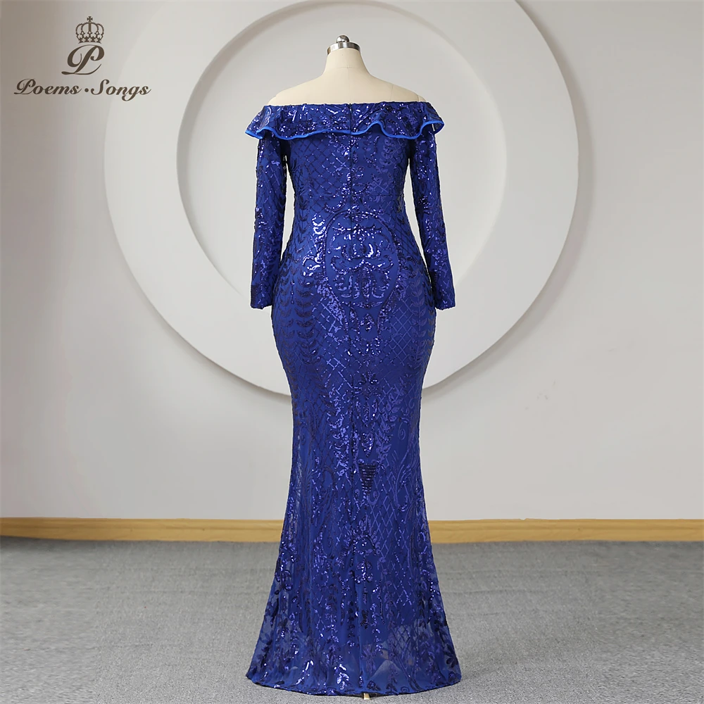 Royal Blue Sequins ชุดราตรี Mermaid แขนยาว Ruffles ปิดไหล่พลัสขนาดผู้หญิงทรัมเป็ต Celebrity Maxi ชุด