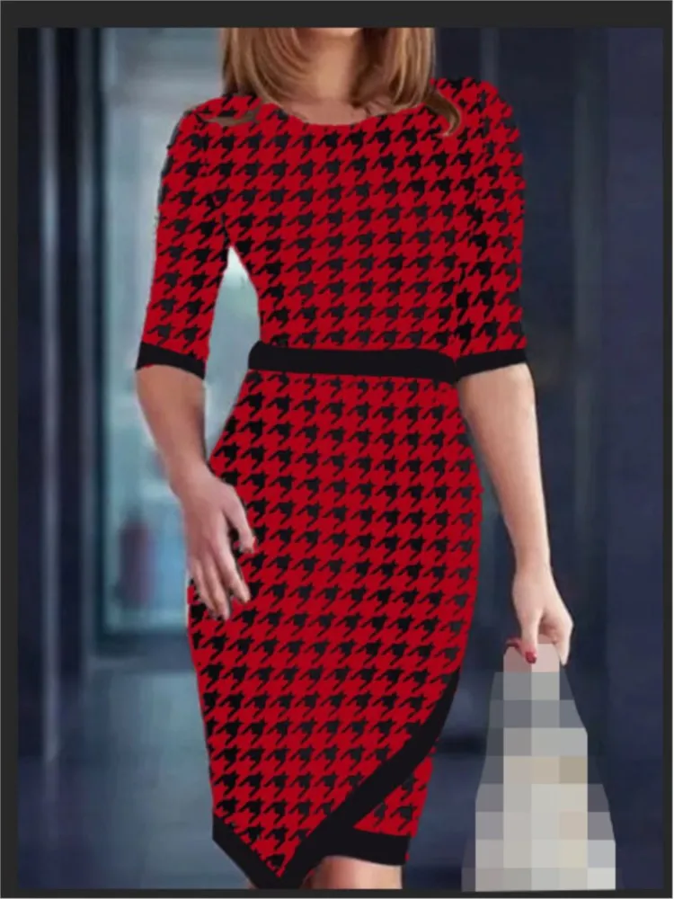 

Spring Summer New Women's Fashion Printed Patchwork High Waist Casual Five Quarter Sleeve Irregular Knee Length Dress