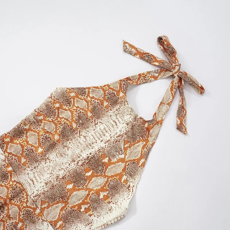 Serpentine Cetak Wanita Seksi Renda Halter Backless Sebetis Panjang Kurus Jumpsuit Tanpa Lengan Slim Capris One Piece Overall Baju Monyet