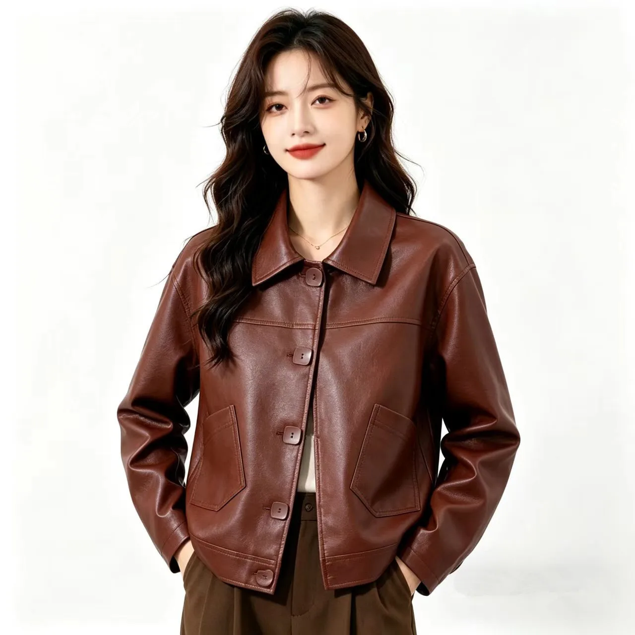 Elegant Short Women's Leather Jacket Slim Fit Autumn Winter Outerwear Fashionable Versatile Adult Coat Stylish Slimming